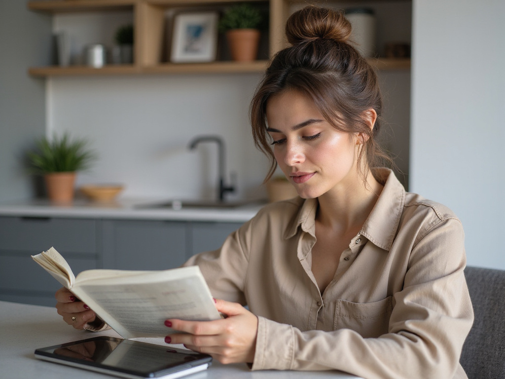 Hispanic woman learning about qué ketorolaco in a modern kitchen