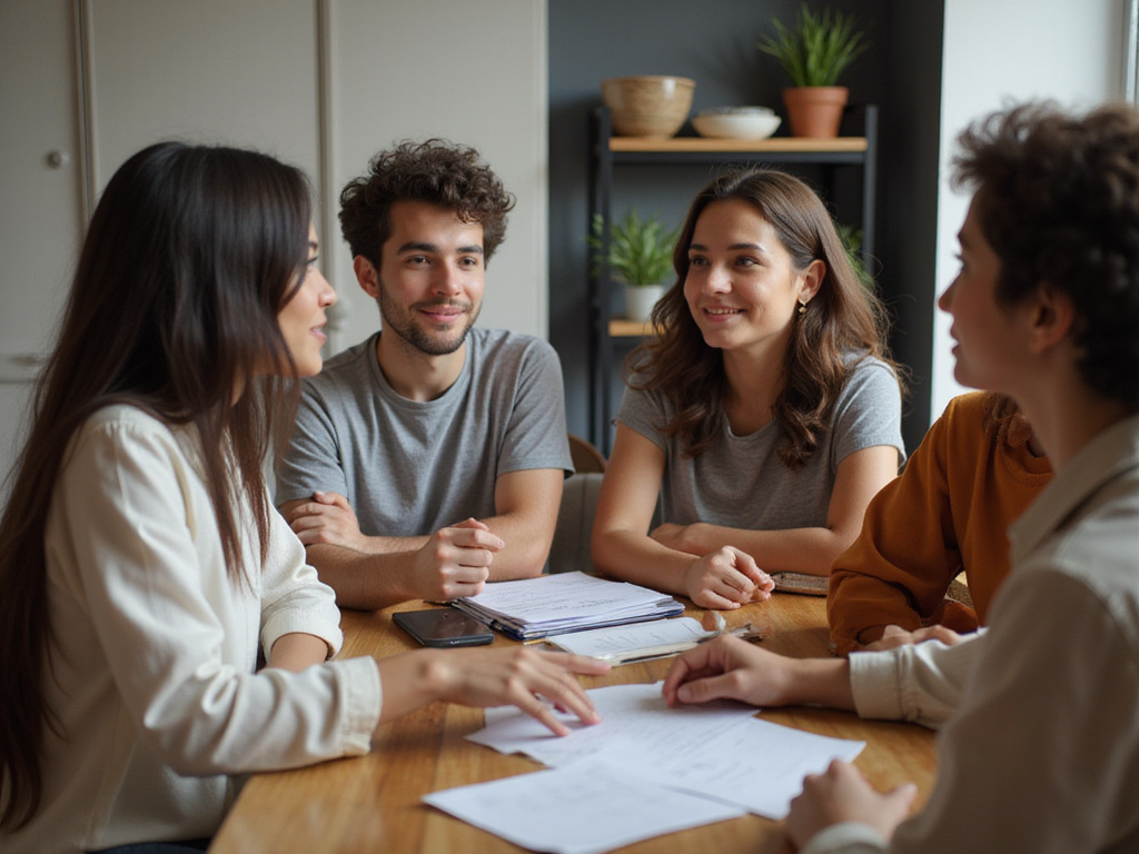 Diverse group discussing in Spanish, qué opinas concept