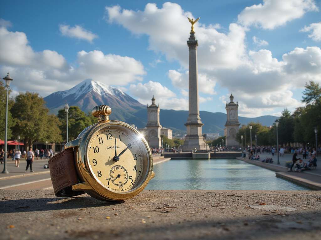 Argentina landmarks with antique timepiece hinting at time difference