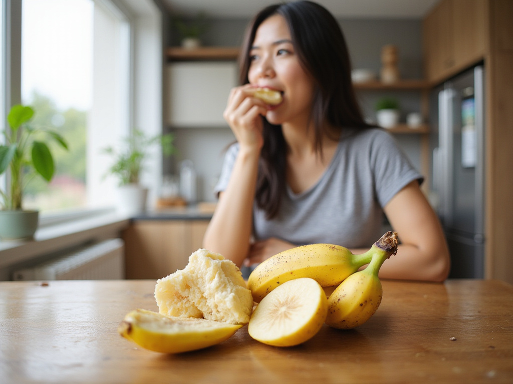 Hispanic woman showing vitamins B6, C, A, and Manganese found in bananas.