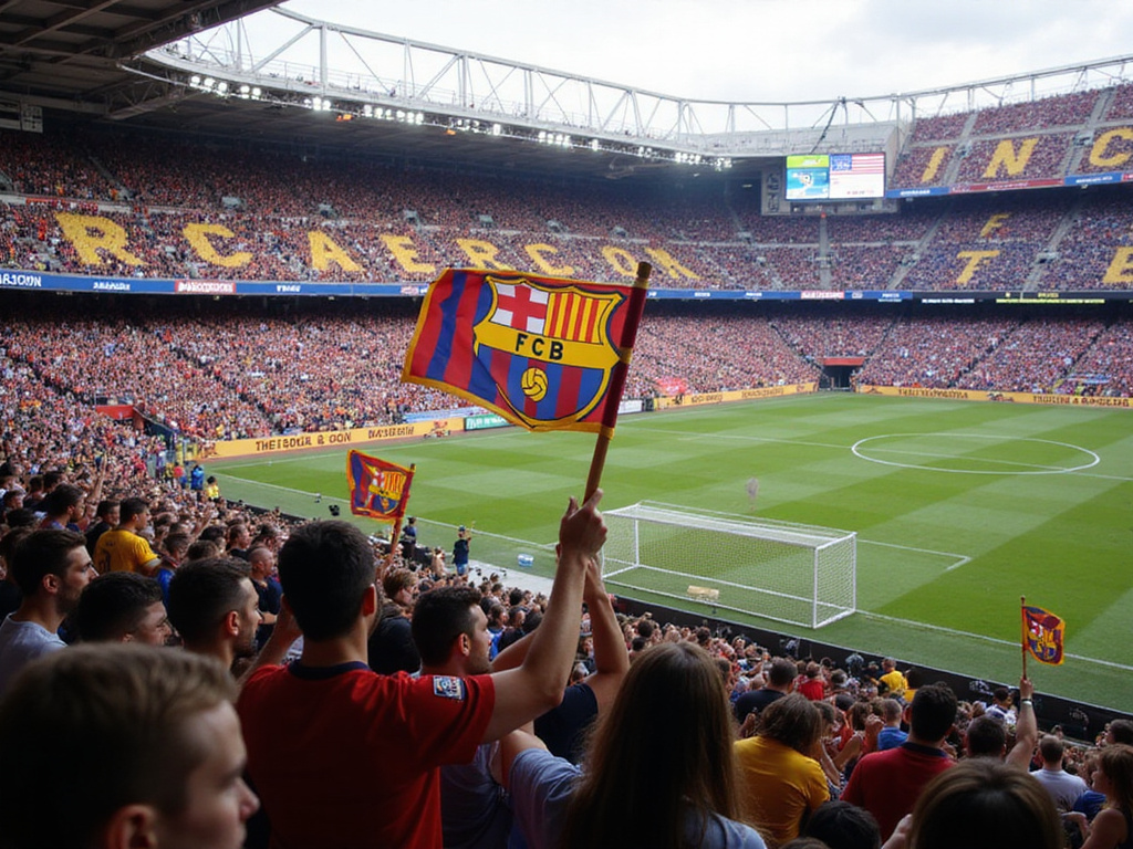 Excited fans waving FC Barcelona flags in a packed stadium