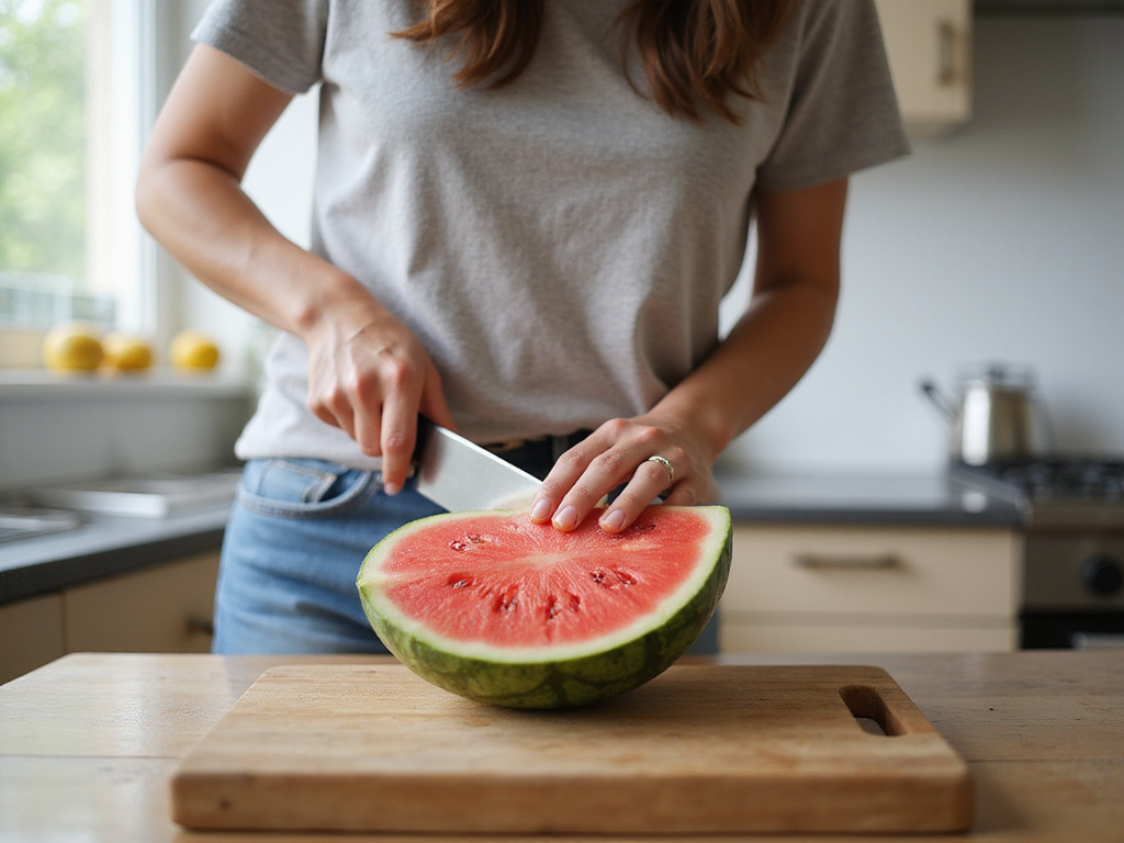 Beneficios de la sandía siendo cortada en cocina luminosa moderna