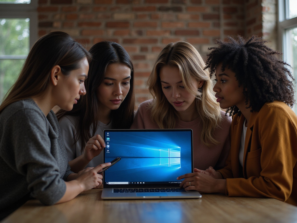 Group discussing which Windows version is better on laptop screen
