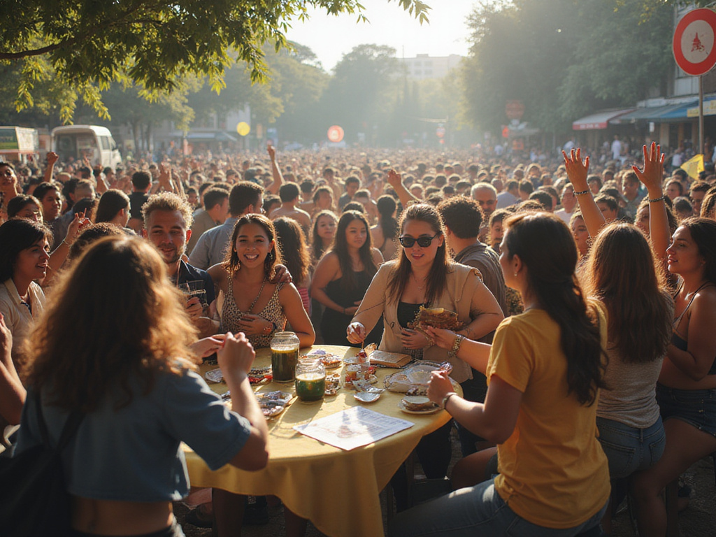 Excited crowd awaiting Bogotá lottery results with Colombian elements
