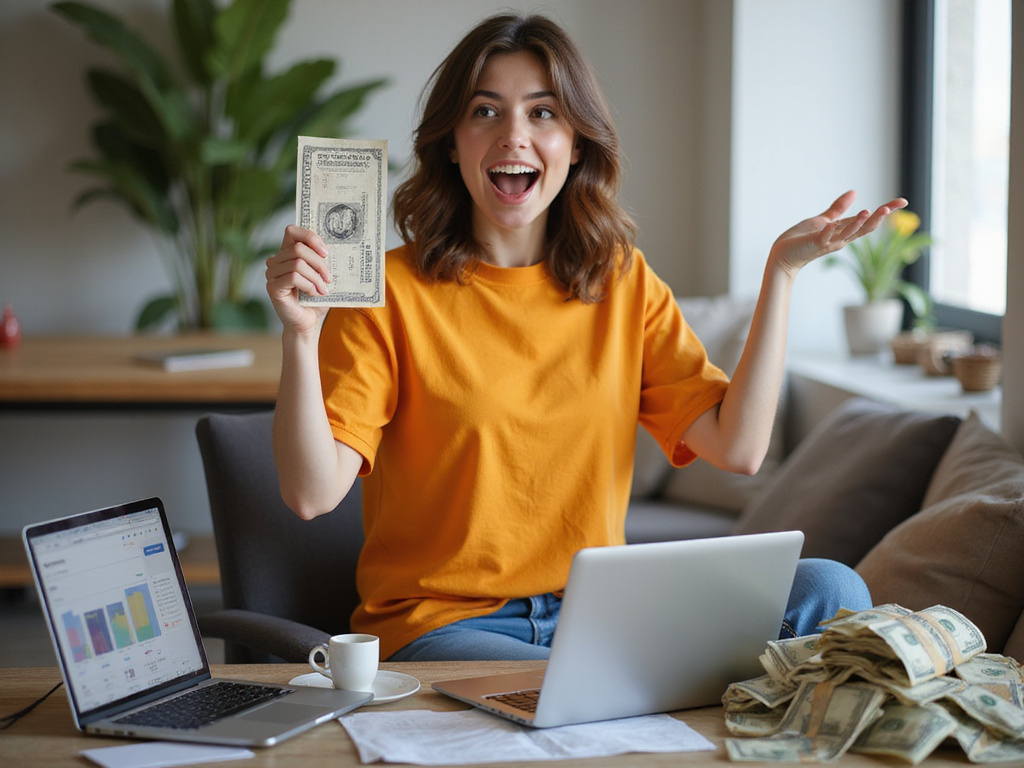 Hispanic man celebrating Bogotá lottery win with symbols of wealth