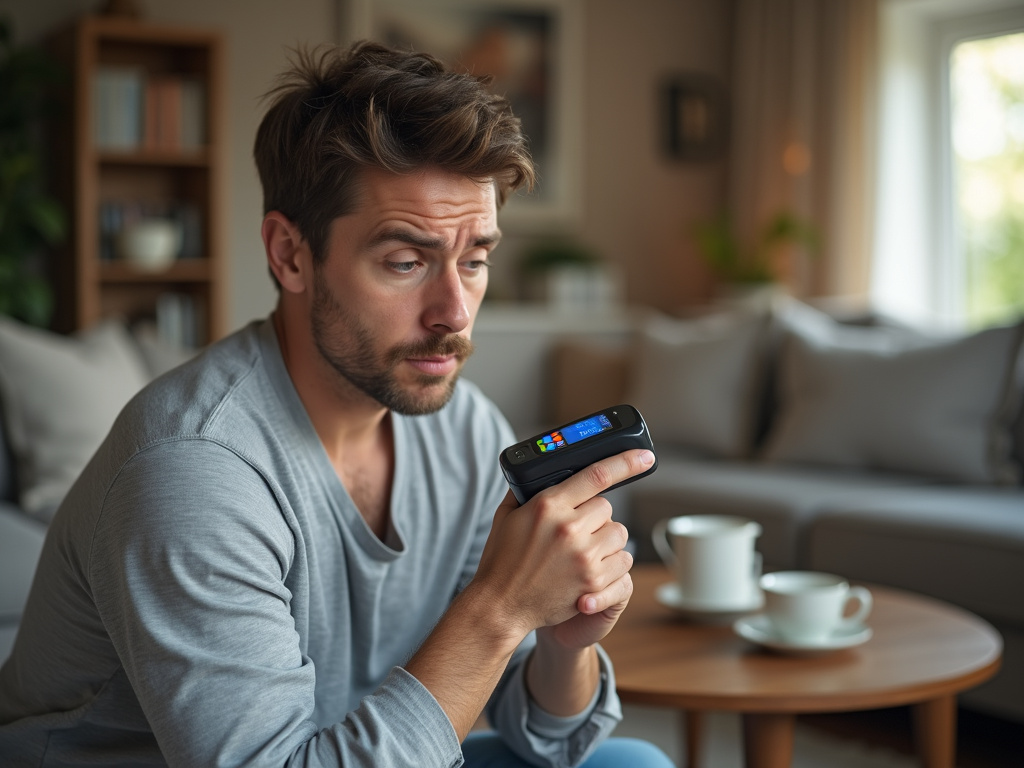 Adult patient at home worriedly measuring oxygen saturation with pulse oximeter