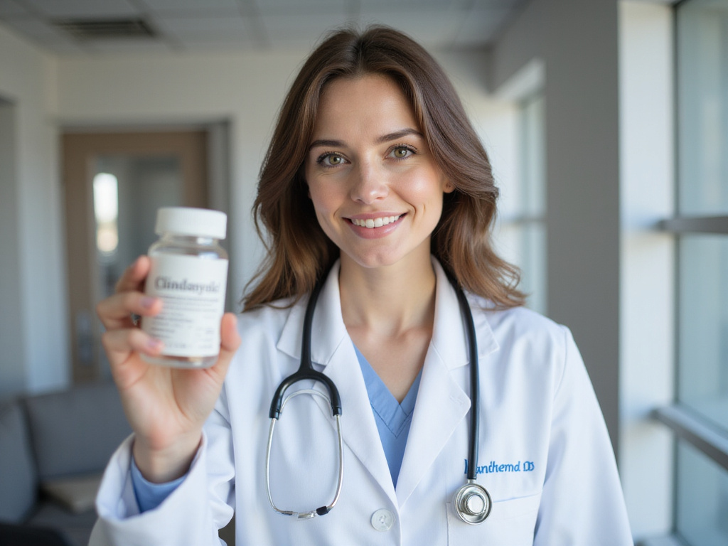 Doctor holding Clindamycin pill bottle indicating qué infecciones cura la clindamicina