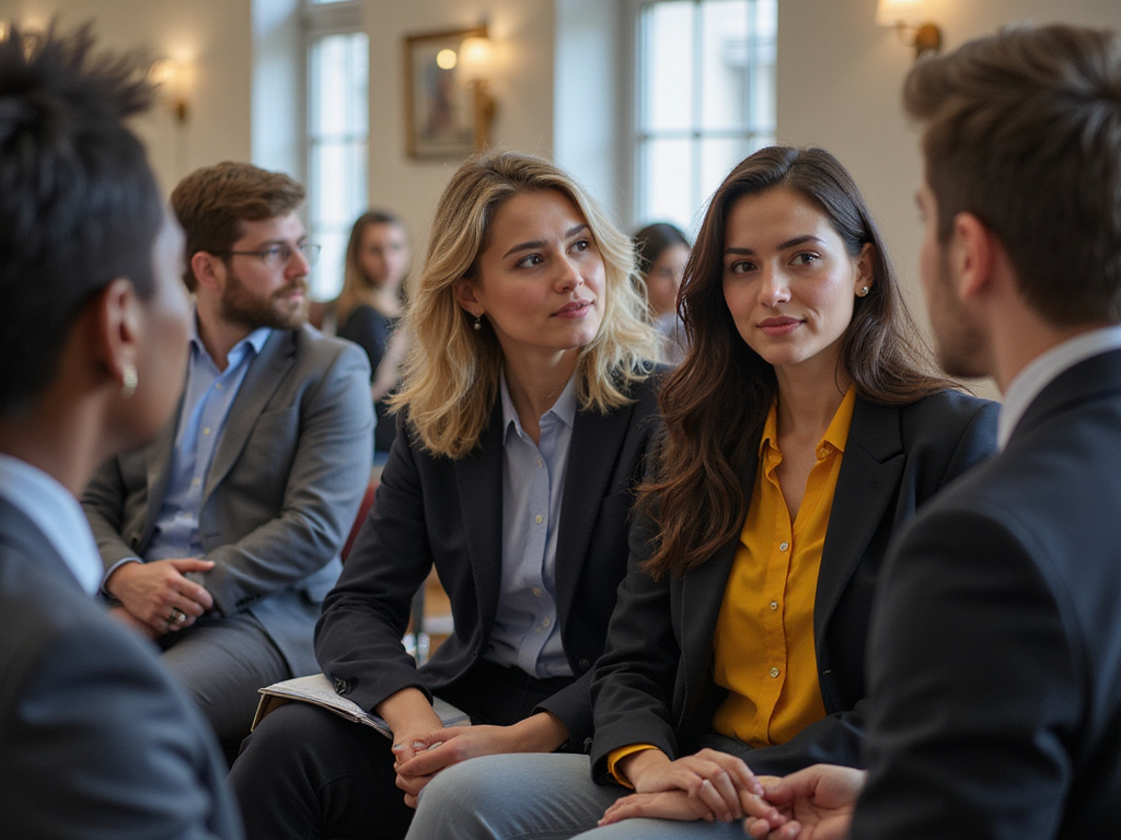 Diverse group discussing qué xenofobia in a positive atmosphere