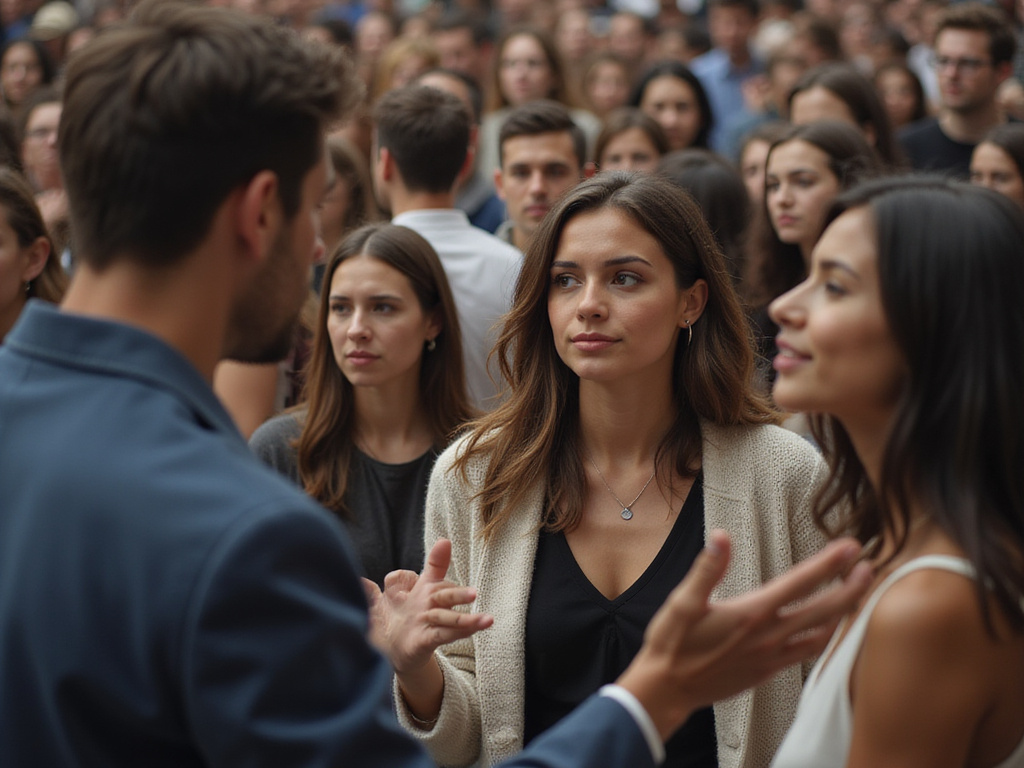 Woman asking qué quieres in multicultural crowd conversation