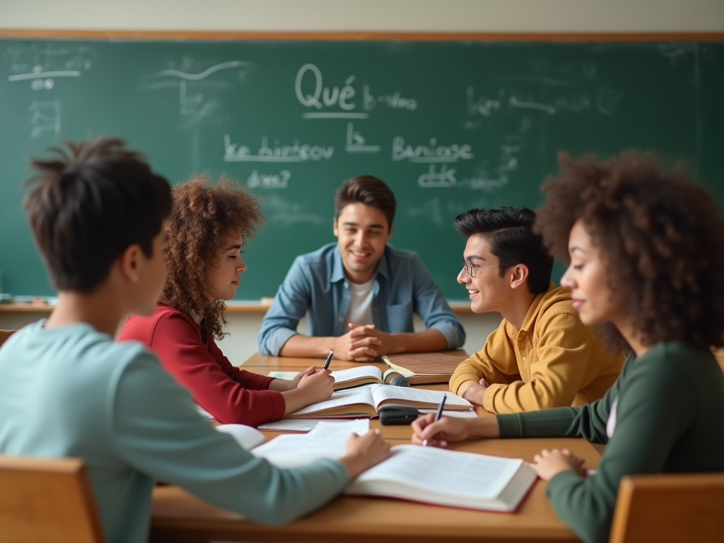 Spanish lesson on qué rae with diverse students studying