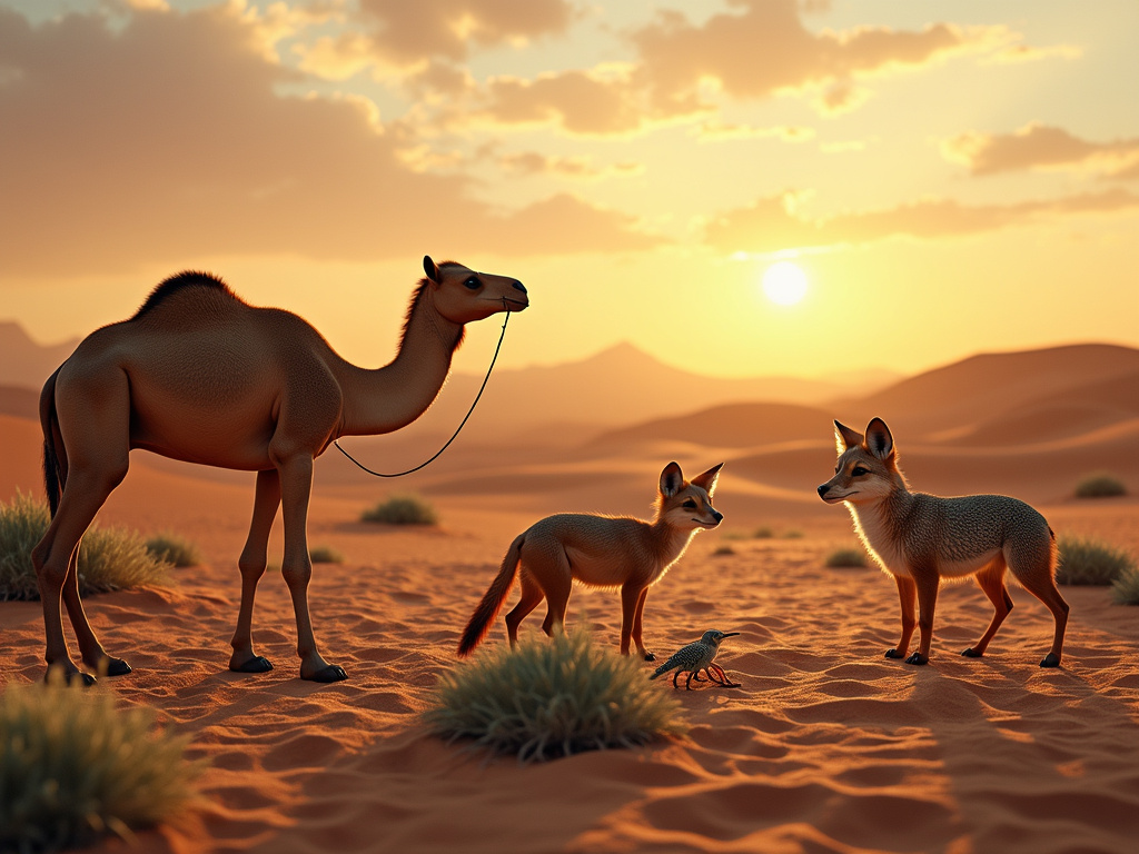 Animales que viven en el desierto como un camello, escorpión, y zorro
