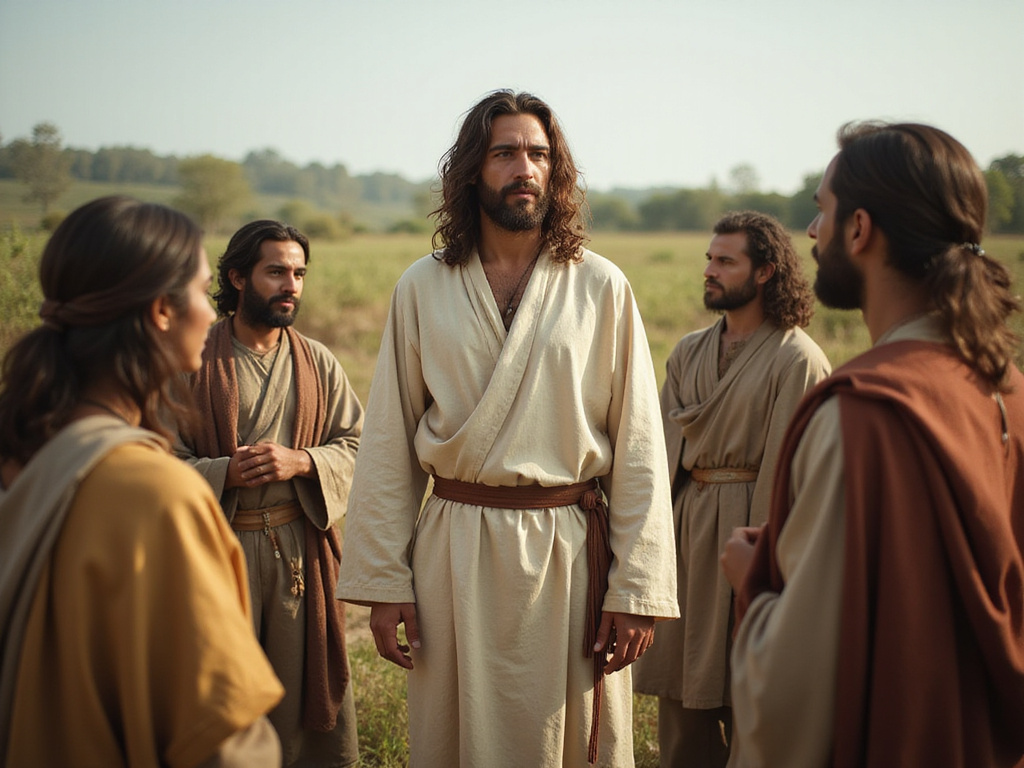Jesus teaching attentive disciples in a serene outdoor setting
