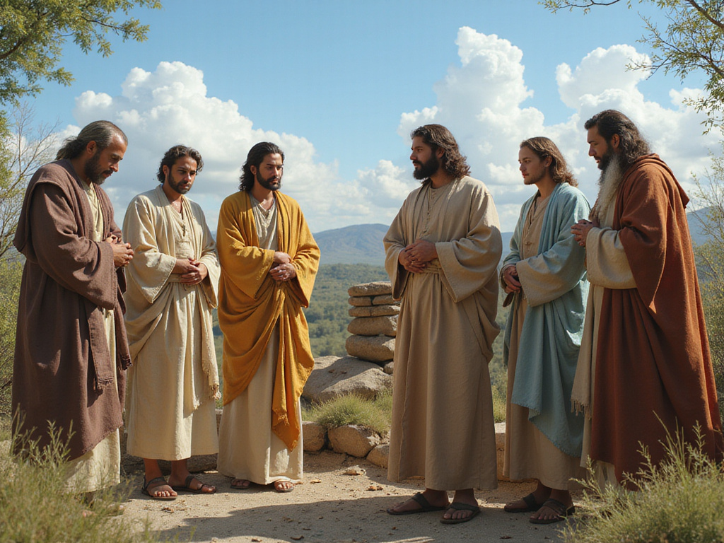 Discípulos de Jesús discussing theology outdoors under blue sky