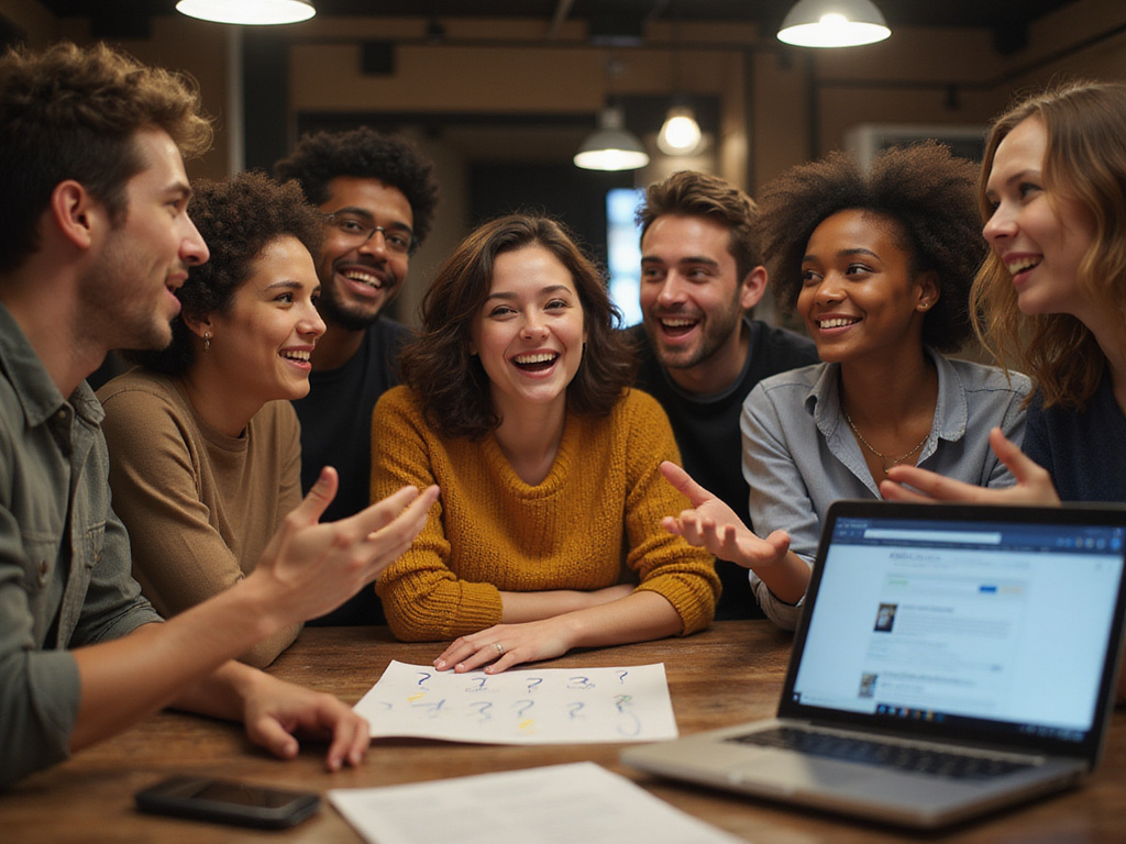 Diverse group discussing qué jugó en la diaria a las 9 in a café