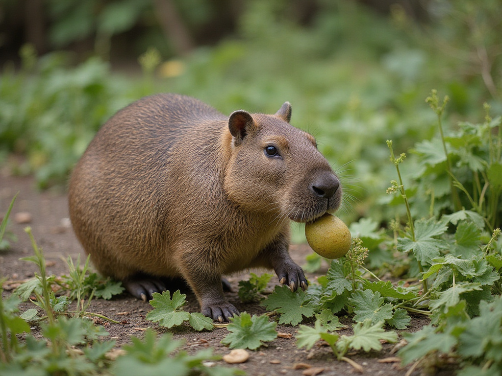 Capibara eating grass and fruit in its natural habitat
