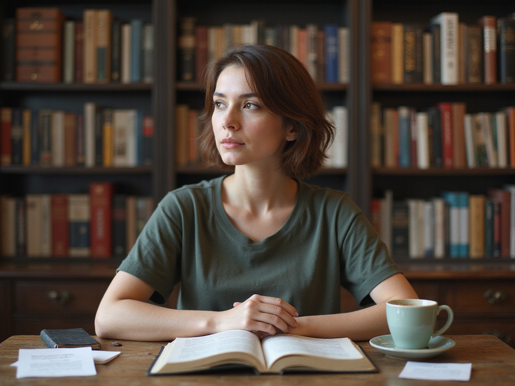 Person learning Spanish and asking qué opinas in library setting