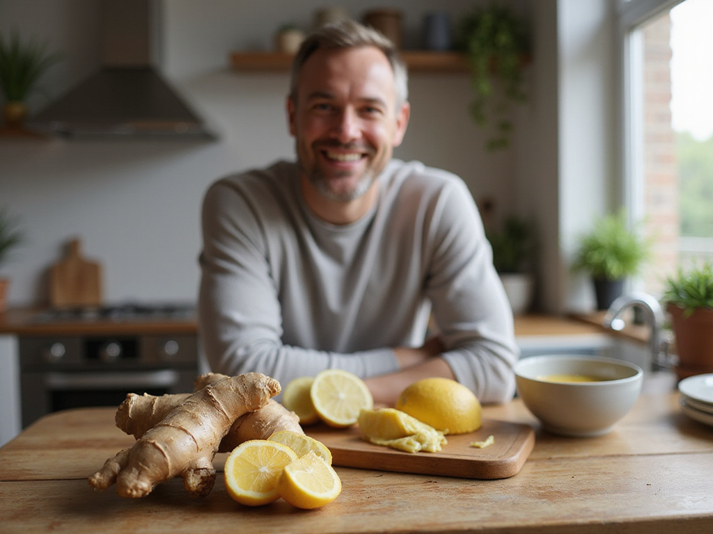 Hombre sonriente con jengibre destacando sus beneficios para la salud