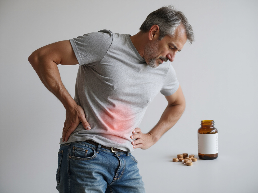 Hombre maduro con dolor de riñones sosteniendo pastillas sin etiqueta