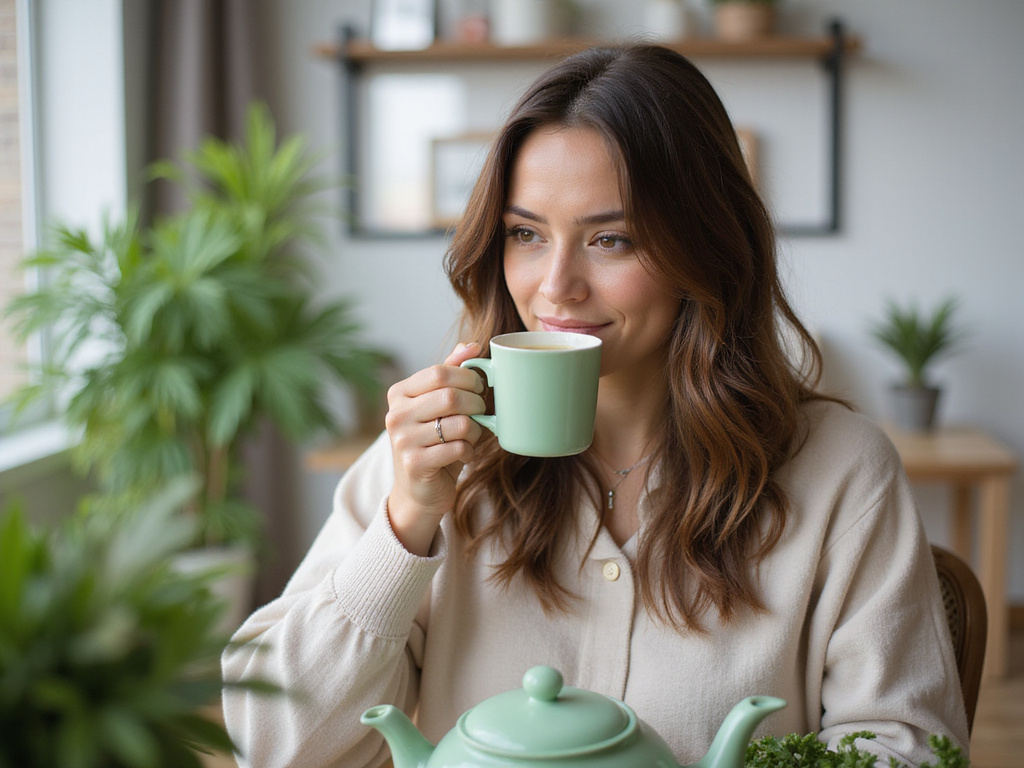 Mid-thirties individual enjoying green tea benefits at home.
