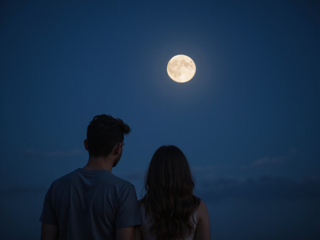 Couple gazing at full moon in clear night sky
