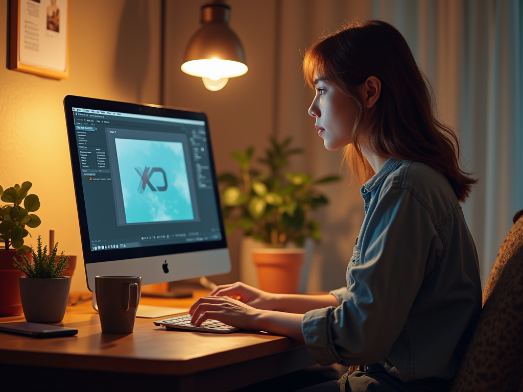 Young individual learning Adobe XD in cozy workspace