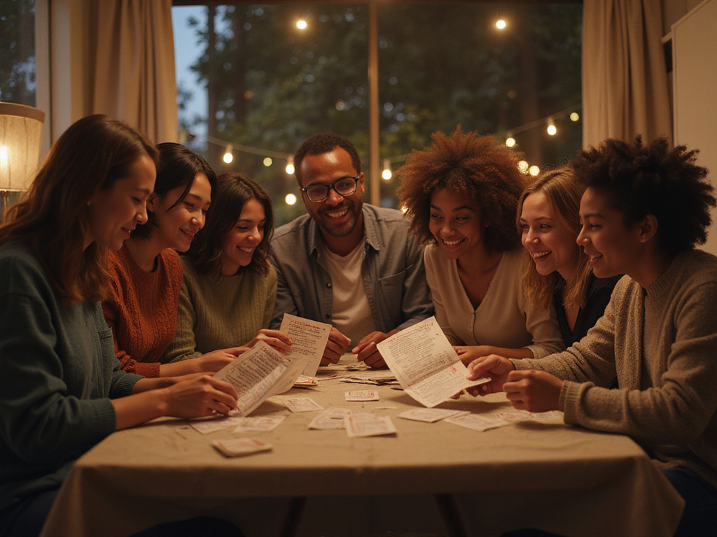 Multicultural group checking lottery numbers in the evening