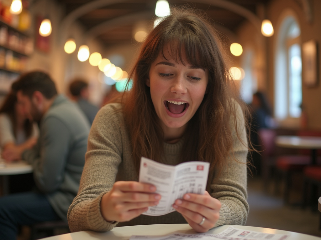 Excited person checking lottery ticket with subtle Spanish elements