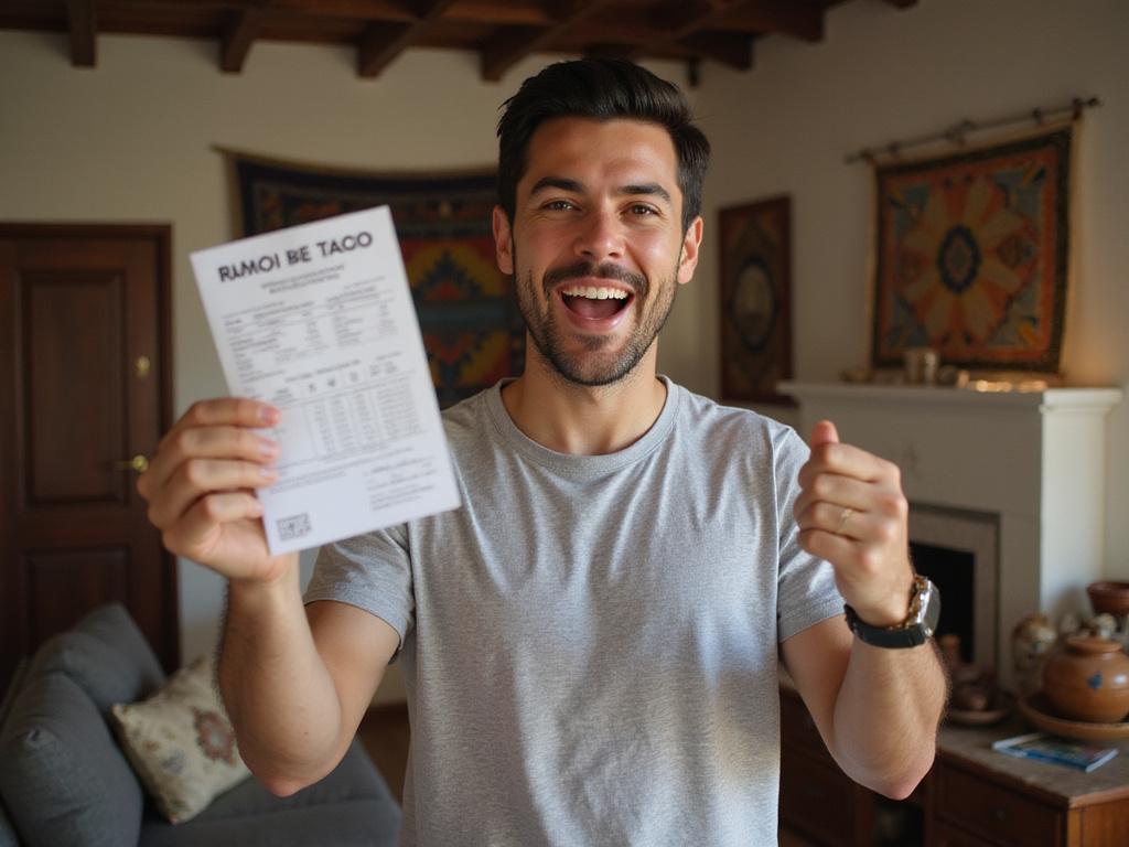 Excited man holding winning Cundinamarca lottery ticket at home