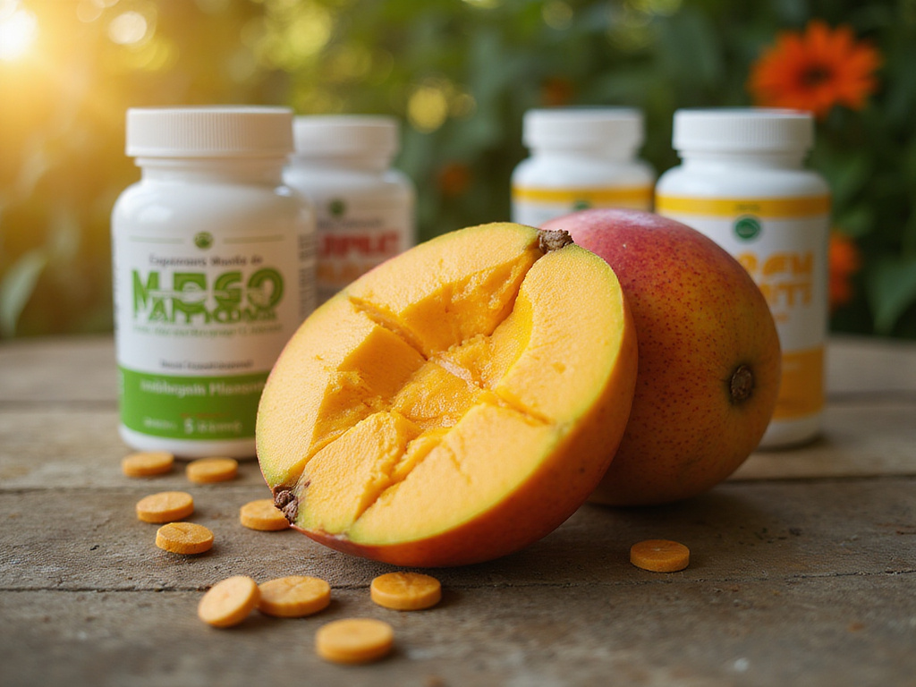 Mango con vitaminas en una mesa de madera rústica
