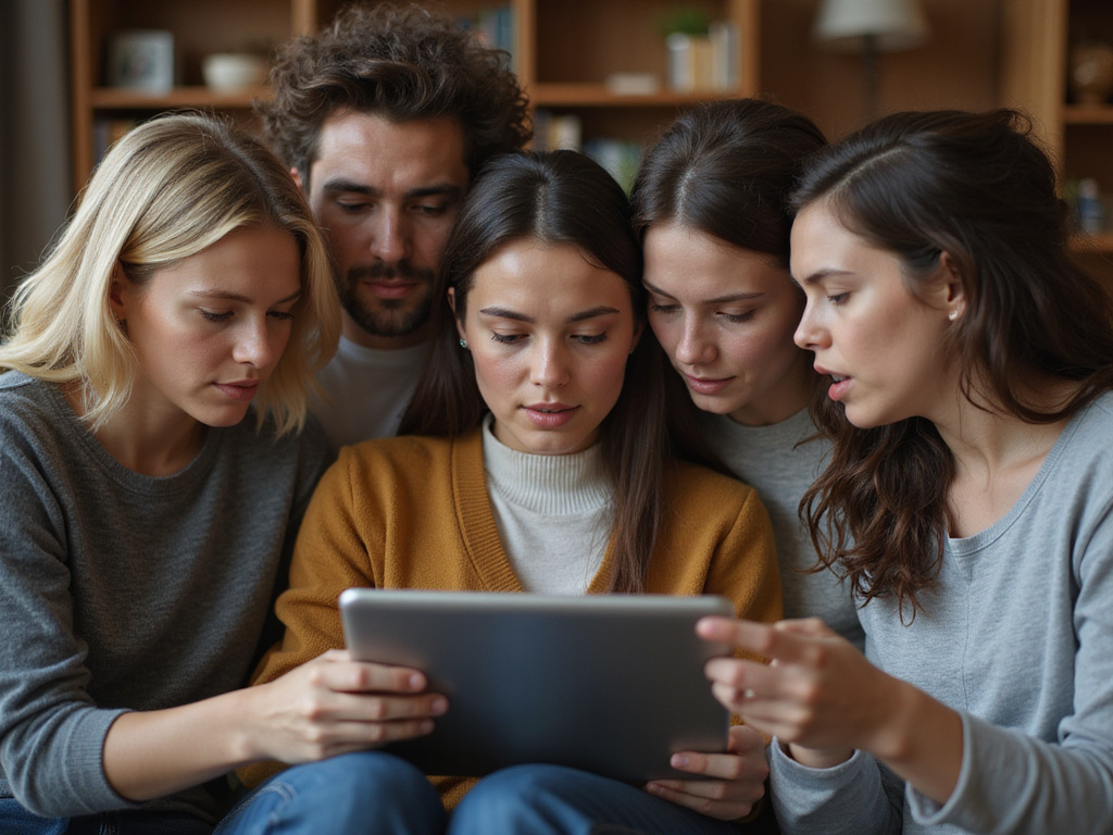 Grupo diverso mostrando empatía hacia un dispositivo digital