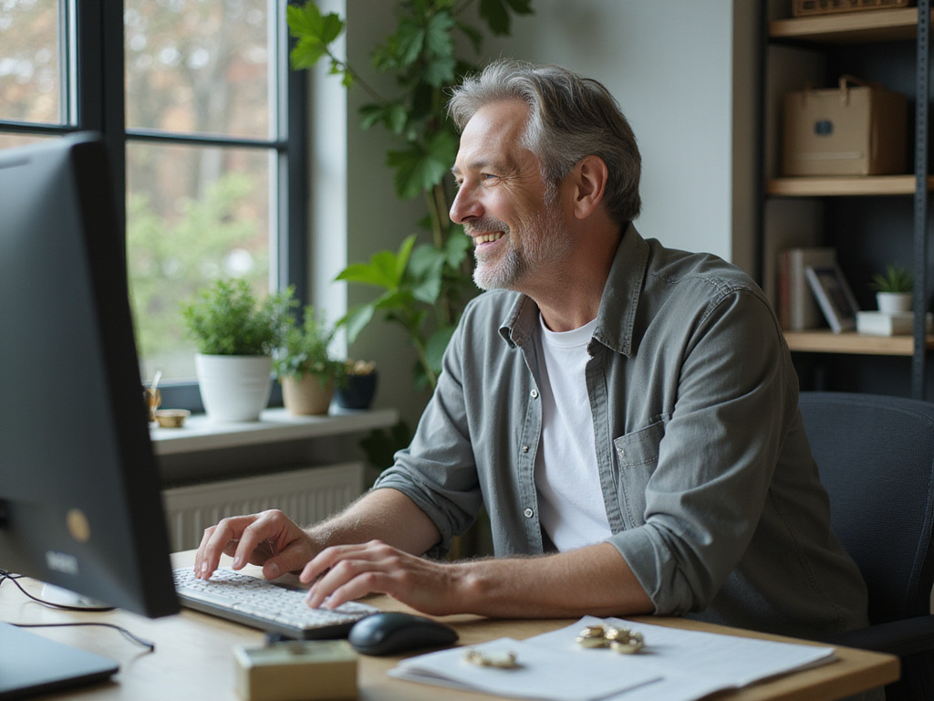 Man in casual attire anticipating Medellín lottery results on computer