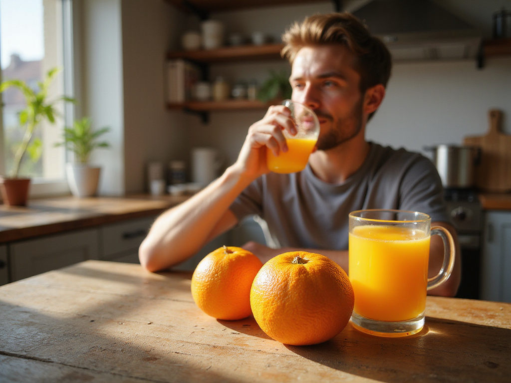 Hombre saludable bebiendo jugo de naranja fresco lleno de vitaminas
