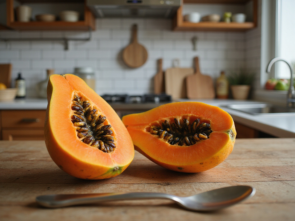 Fresh papaya on kitchen table highlighting its health benefits