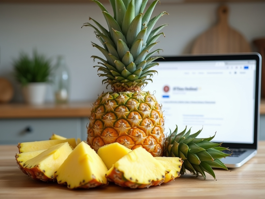 Whole and sliced pineapple with visible vitamins on kitchen table