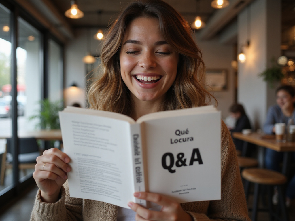 Caucasian woman laughing at Qué Locura title in Q&A book in coffee shop