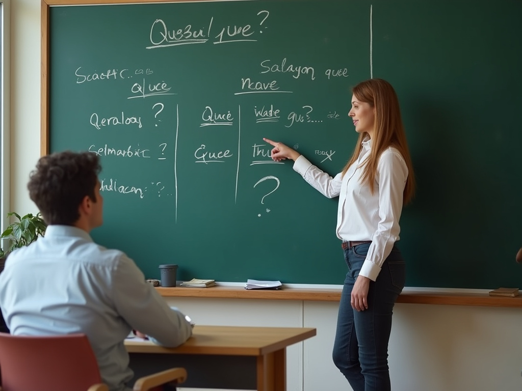 Spanish teacher explaining the difference between Que and Qué