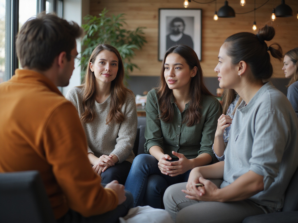 Diverse group discussing qué pasó in a casual modern setting