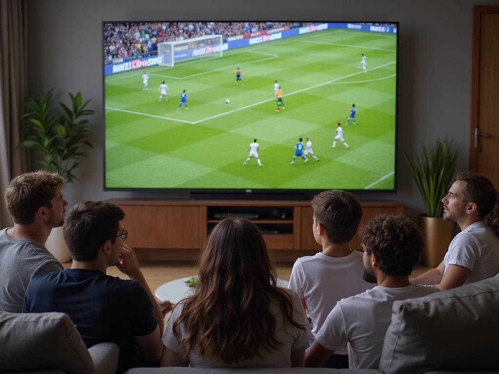 Group watching Real Madrid match on TV in living room