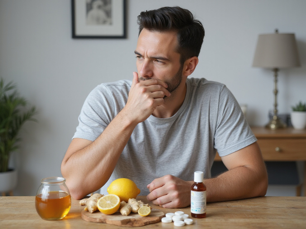 Hombre contemplando remedios naturales y farmacéuticos para la tos