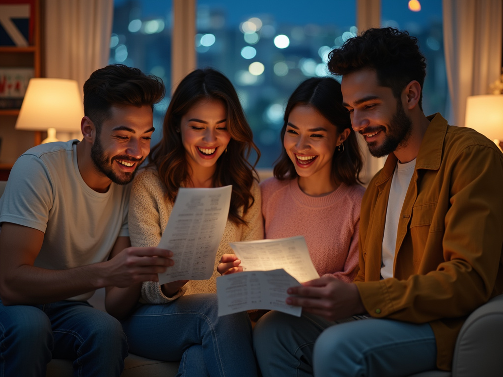 Diverse group studying Sinuano Night Lottery numbers in western setting