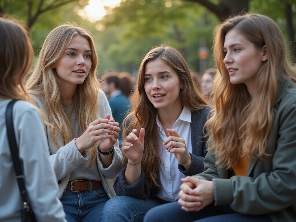 Diverse group of university students conversing with Qué Onda expression