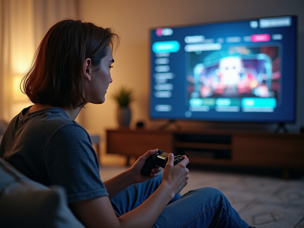 Young adult adjusting streaming settings on TV in contemporary living room