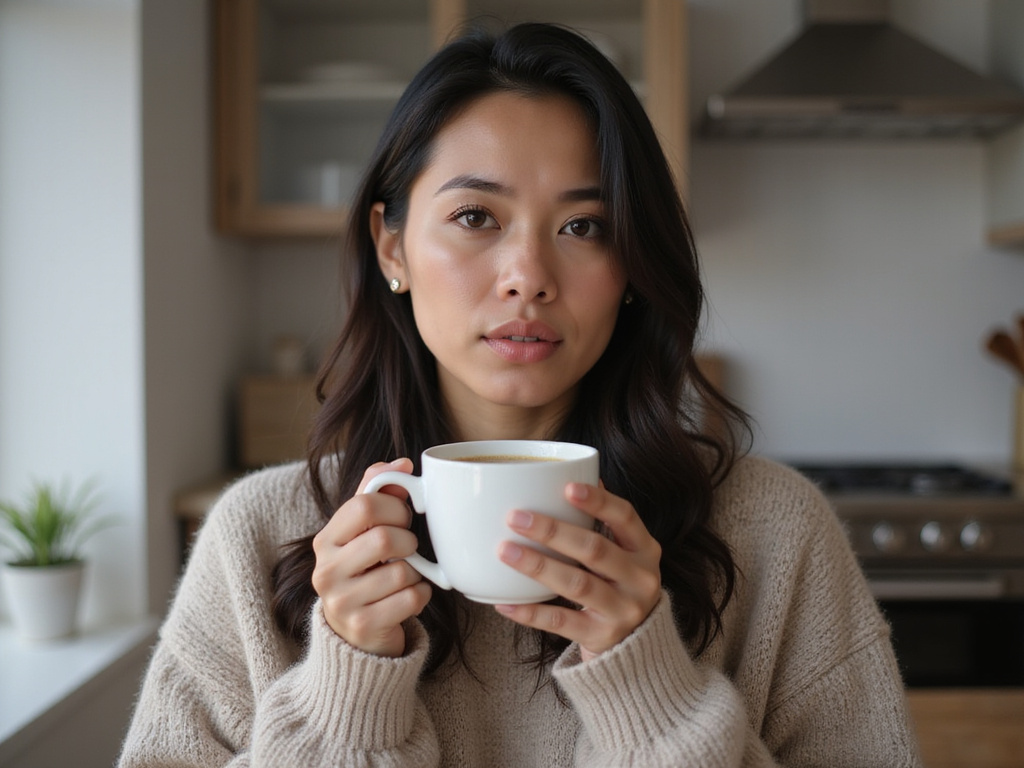 Hispanic individual taking tea for sore throat relief