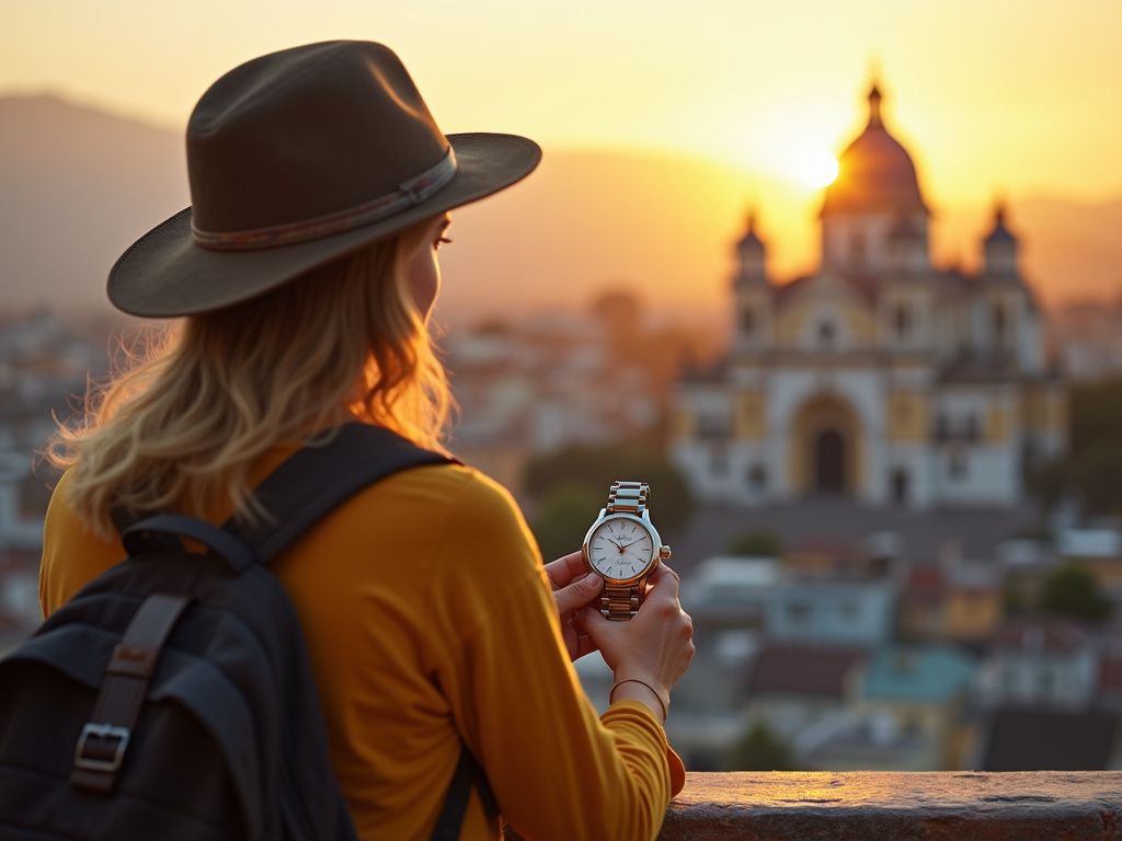 Person checking time in landmark-rich Colombian setting