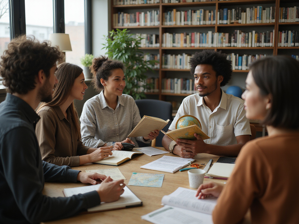 Diverse group discussing qué es la democracia in an educational setting