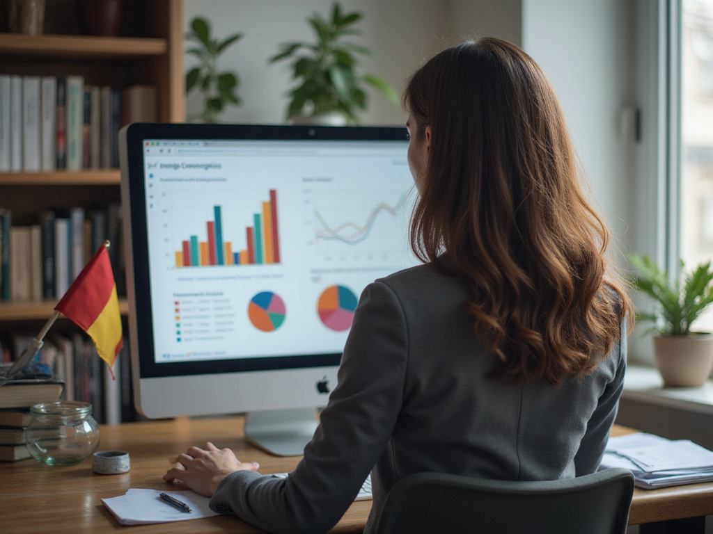 Professional working on an infografía at a Spanish-themed workstation