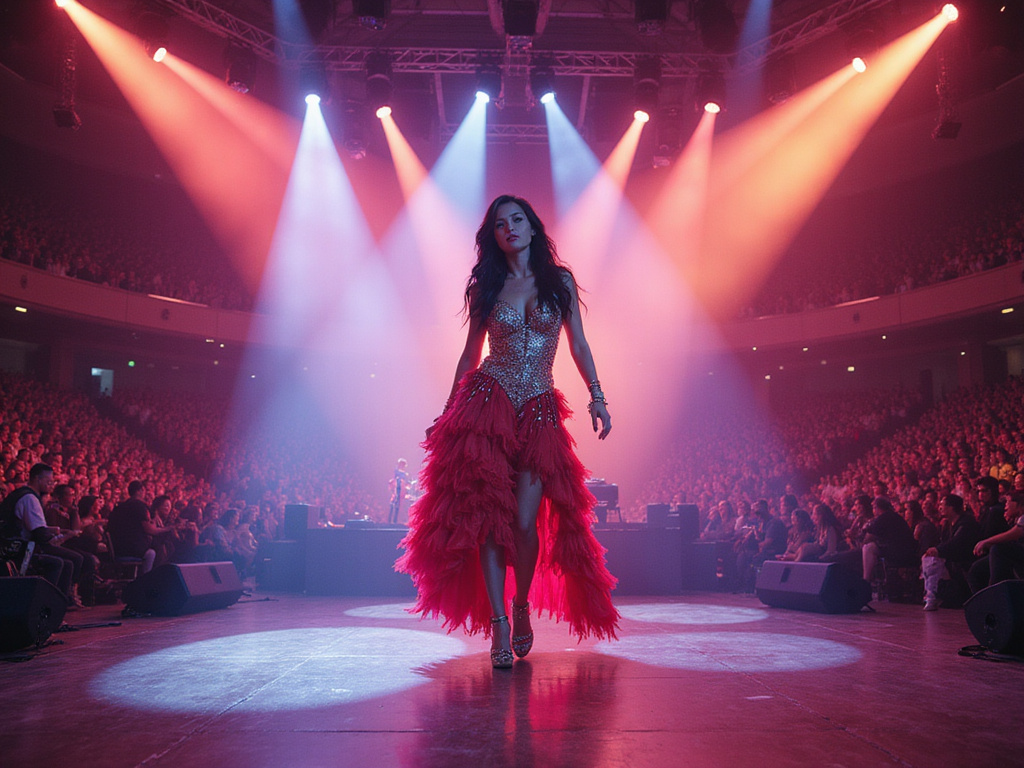 Vibrant concert image of qué Katy Perry with golden accolades and business symbols