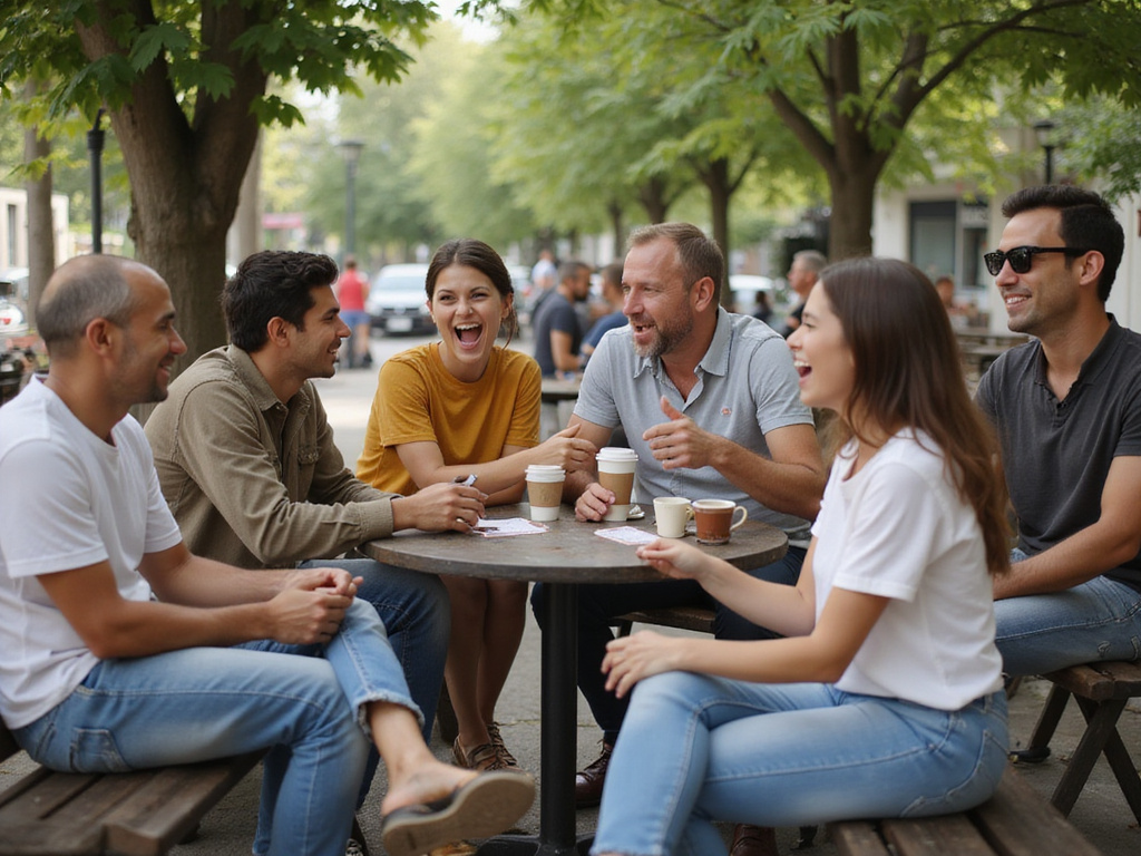 Diverse group animatedly discussing in Spanish, embodying qué locura.