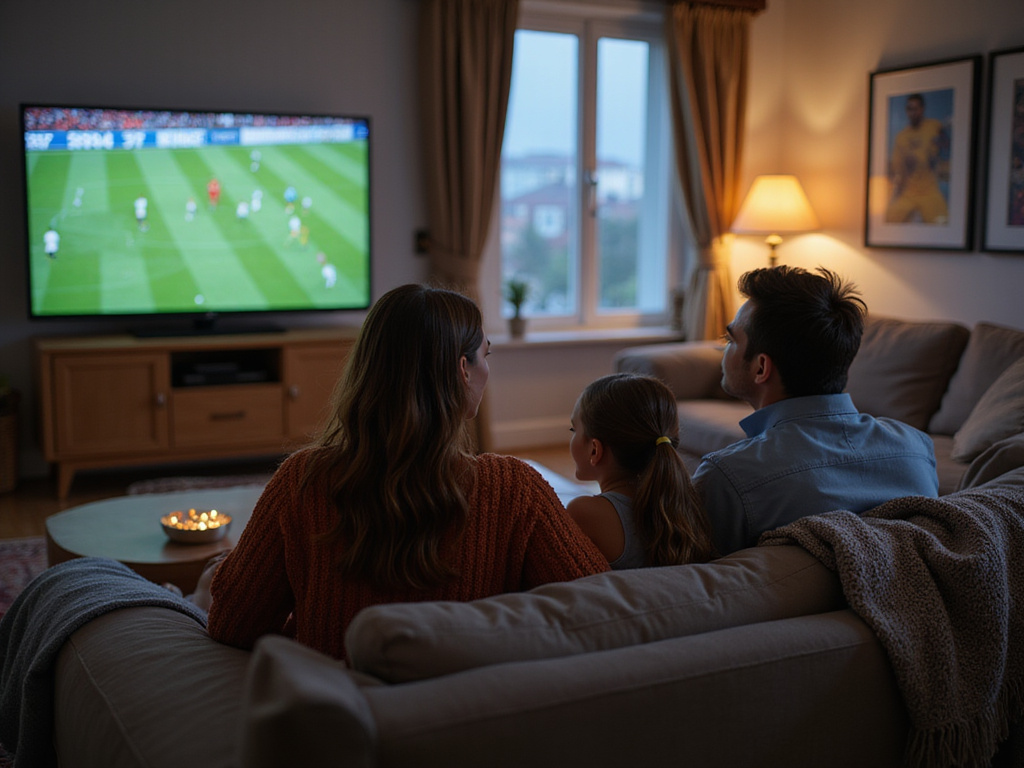 Familia viendo qué partido de fútbol hay hoy en el salón