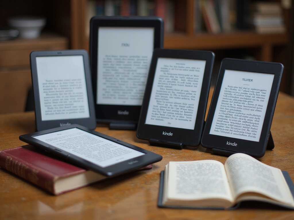 Variety of Kindle devices displaying Spanish content on wooden table